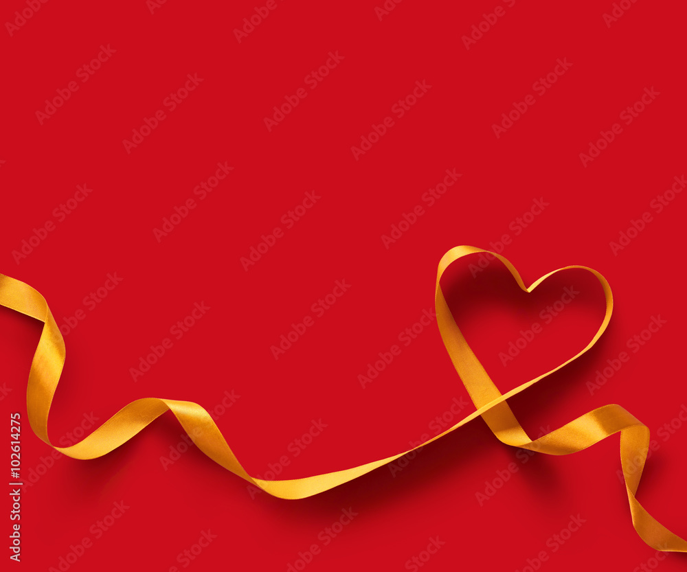 Happy Valentines Day. Yellow Ribbon Heart on red background. Valentines Day concept