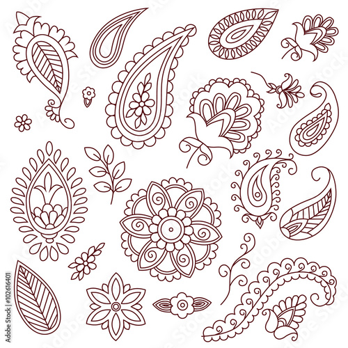 Henna tattoo doodle vector elements on white background