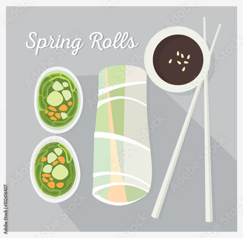 Spring rolls in rice paper. Healthy Vegetarian meal. Vector illustration.