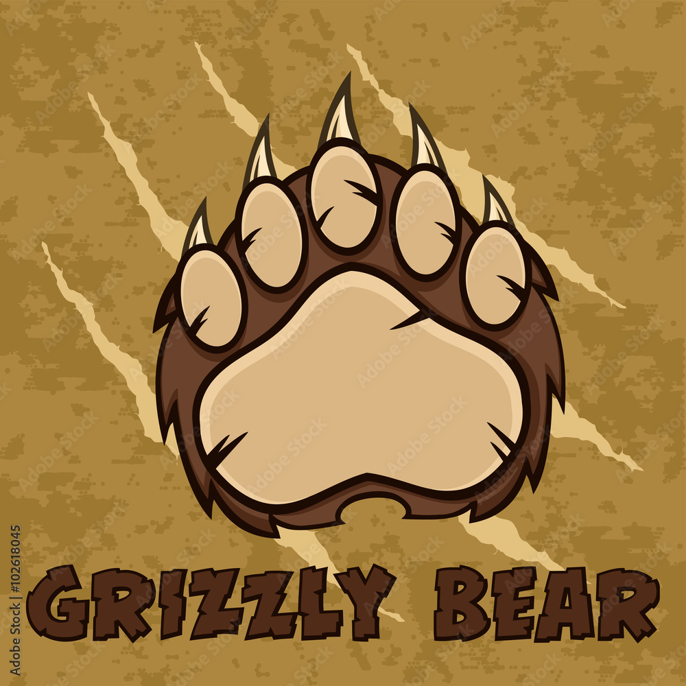 Fototapeta premium Brown Bear Paw With Claws. Illustration With Scratches Grunge Background And Text