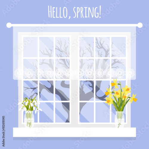 Vector illustration with window and flowers in flat style