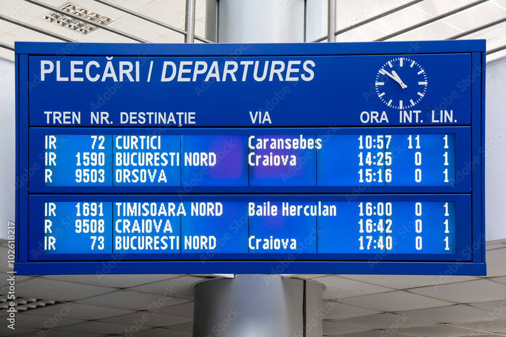 Fototapeta premium Departures board on the train station in Drobeta Turnu Severin, Romania. Electronic romanian panel