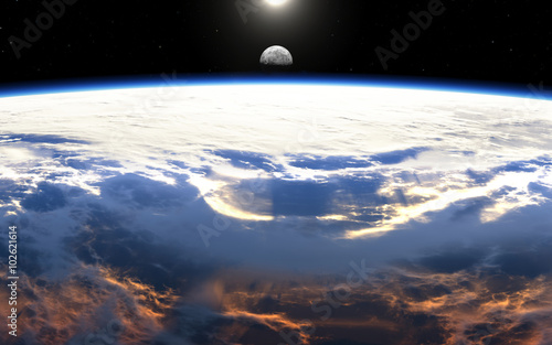 Fototapeta Naklejka Na Ścianę i Meble -  Earth sunrise with clouds, moon and stars