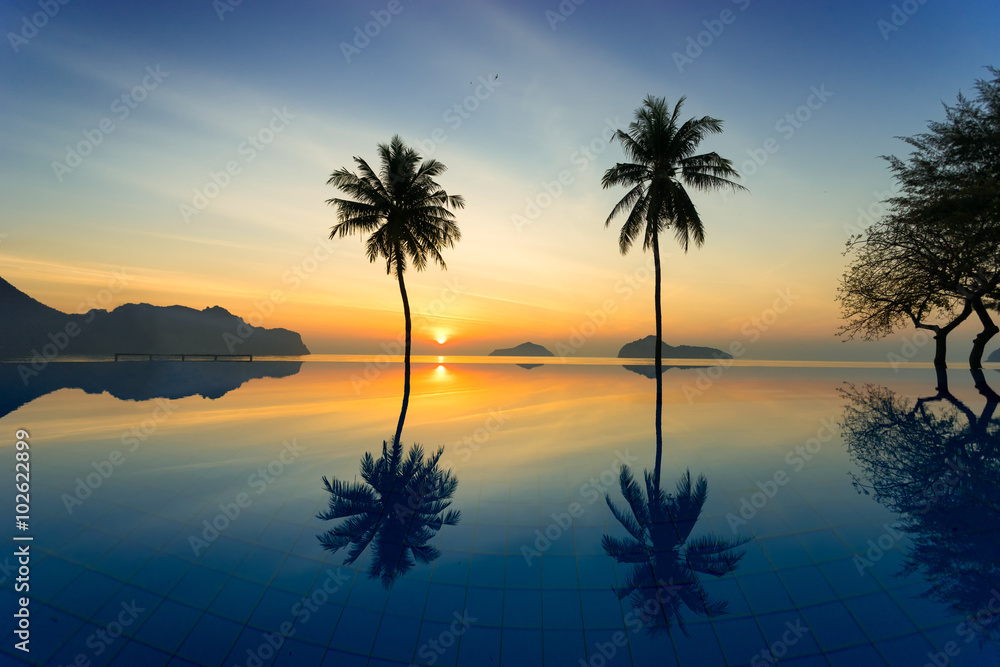 Silhouette of coconut trees agains sunrise off of the sea