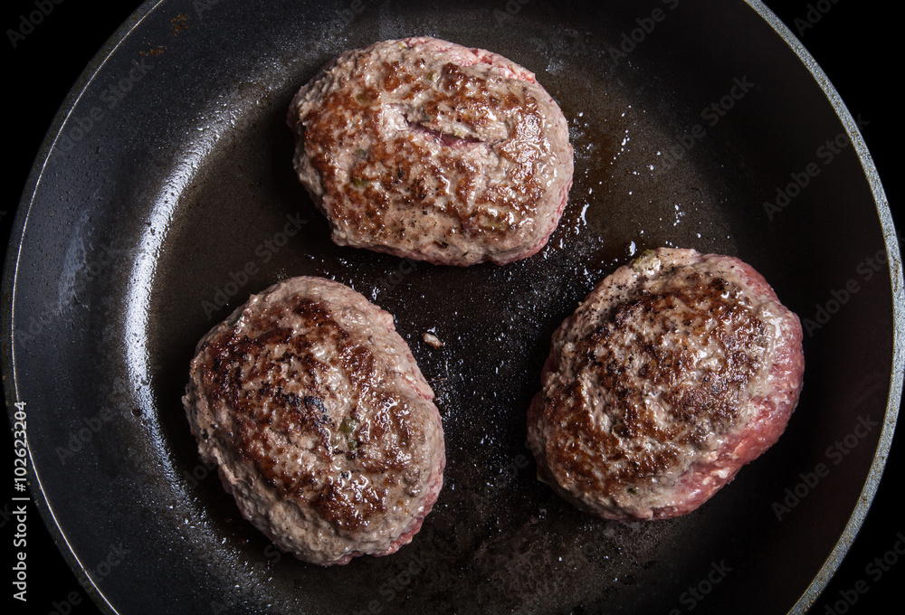 Fresh meat cutlets fried in a pan Fresh meat cutlets fried in a pan