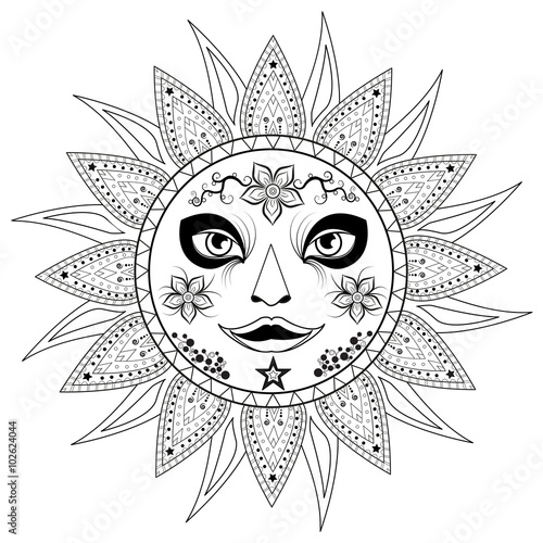 Stylized decorated sun vector isolated on white, sole stilizzato decorato in bianco e nero vettoriale
