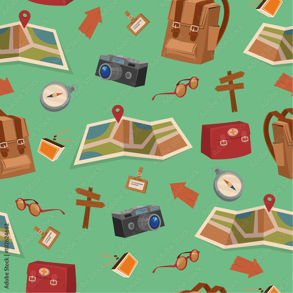 Seamless Pattern of Camping Elements with Baggage, Travel Accessories Seamless Pattern of Camping Elements with Baggage, Travel Accessories