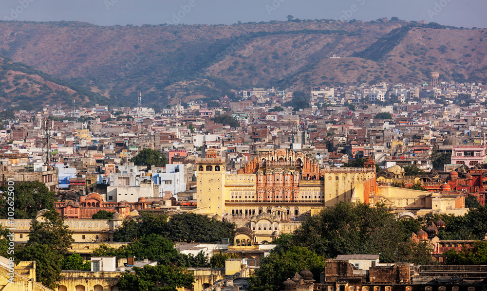 Aerial view of Jaipur town and Hawa Mahal palace