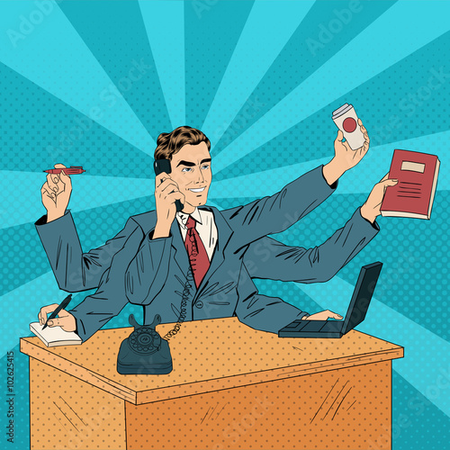 Business Superman Pop Art Banner. Man with Many Hands Doing a Lot of Things