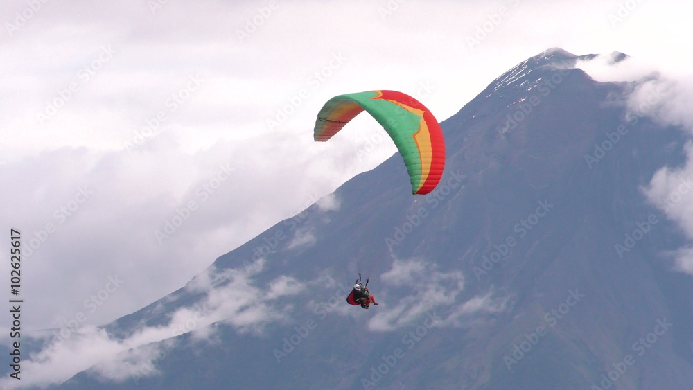 Experience the thrill of a tandem paragliding flight against the breathtaking backdrop of Tungurahua volcano crater in Ecuador. Experience the thrill of a tandem paragliding flight against the breathtaking backdrop of Tungurahua volcano crater in Ecuador.