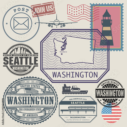 Stamp set with the name and map of Washington, United States