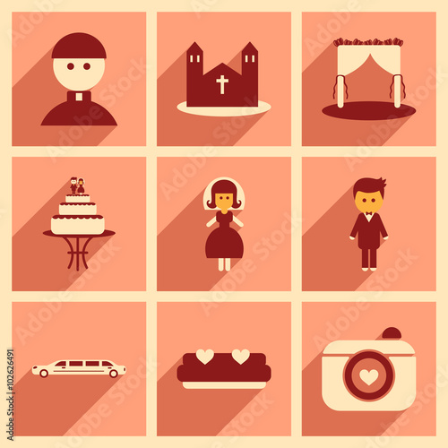 Set of flat web icons with long shadow wedding