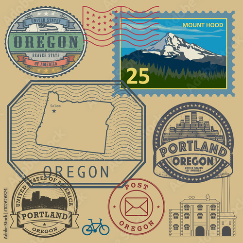 Stamp set with the name and map of Oregon, United States