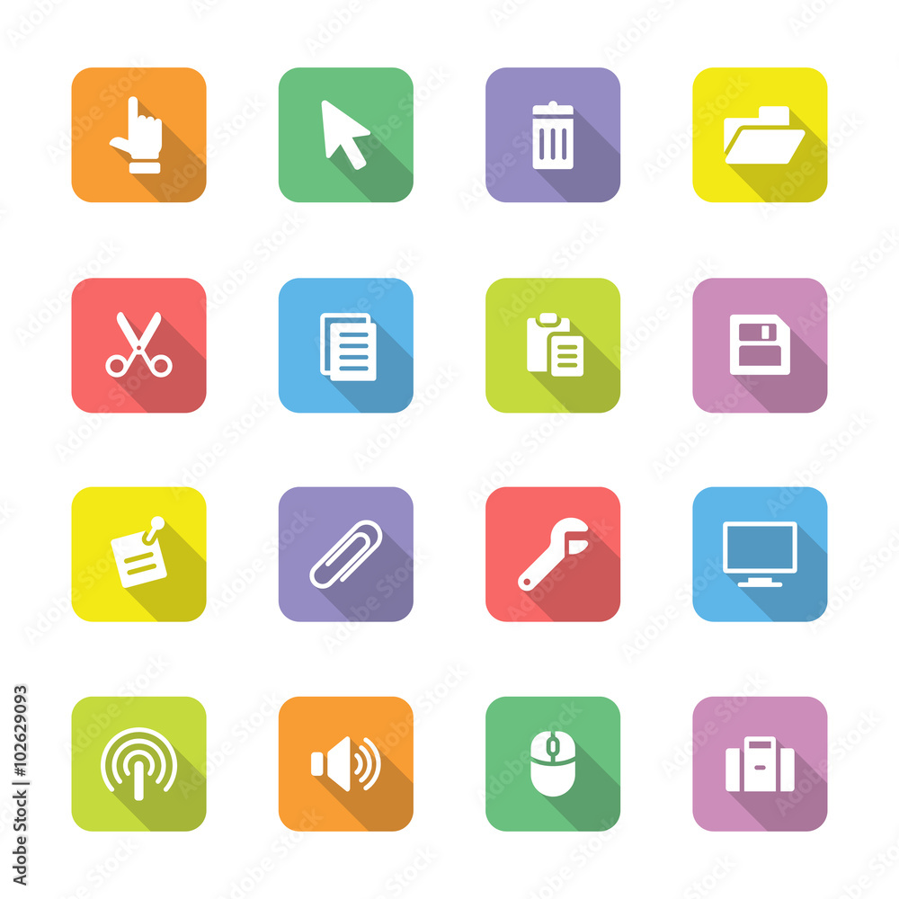 colorful web icon set 3 on rounded rectangle with long shadow colorful web icon set 3 on rounded rectangle with long shadow