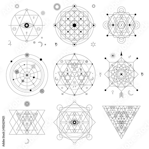 Abstract mystical geometry symbol set. Linear alchemy, occult, philosophical signs.