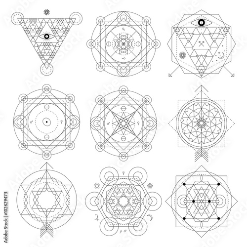 Abstract mystical geometry symbol set. Linear alchemy, occult, philosophical signs.