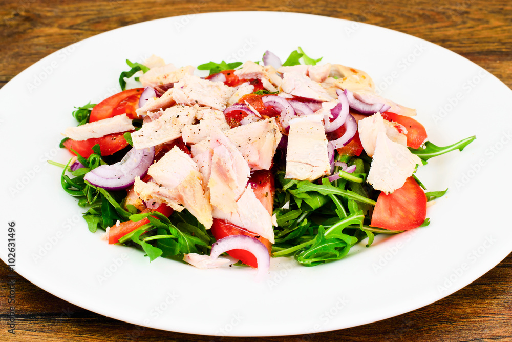 Salad with Arugula, Tomatoes, Turkey Breast, Grape Seed Oil, Soy Salad with Arugula, Tomatoes, Turkey Breast, Grape Seed Oil, Soy