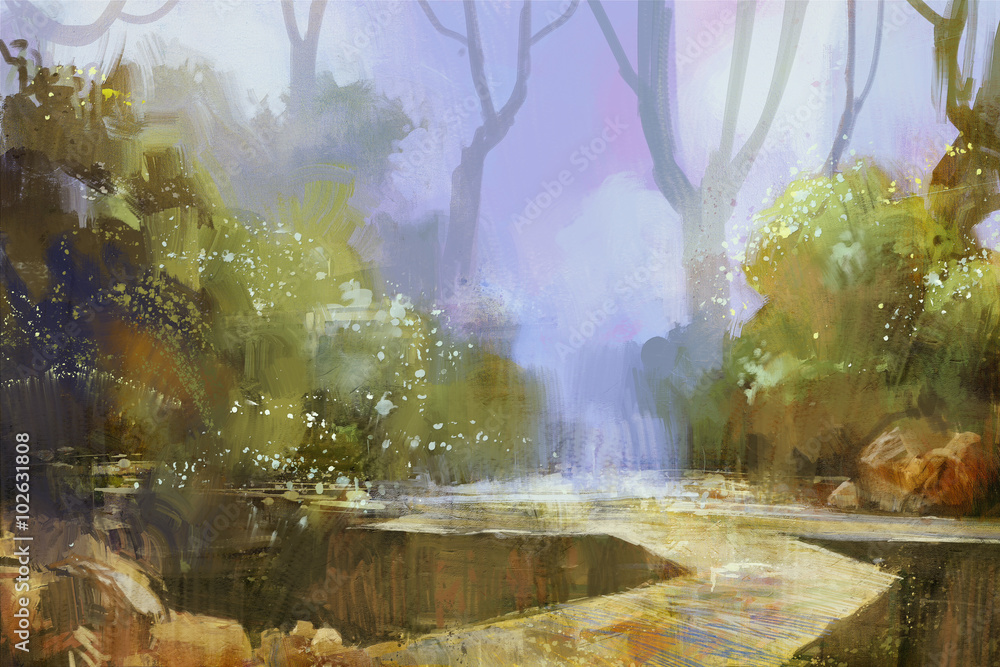 trail in misty forest background,digital painting