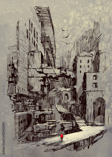 sci-fi cityscape,illustration painting