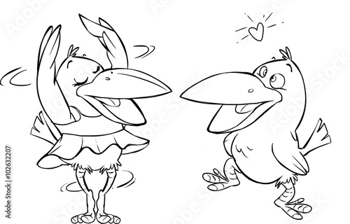 Illustration of a crow with beautiful pink tutu dress dancing