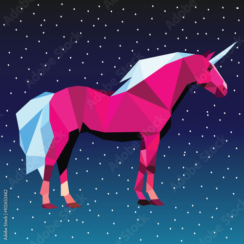 Unicorn low poly design vector illustration isolated on stary sky background