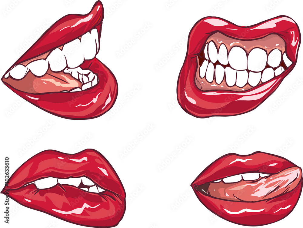 Vector illustration of a Set of six red sexy female lips