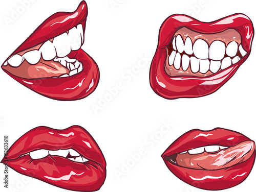 Vector illustration of a Set of six red sexy female lips