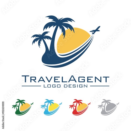 Travel And Tour Logo, Plane, Palm, Sun, Trajectory Design Logo Vector
