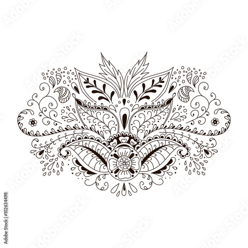 Abstract floral background  in doodle or henna mehndi style.  Hand drawn ink pattern made by trace from personal sketch.  Abstract background, cover for bag, notebook.