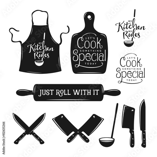 Kitchen related typography set. Quotes about cooking. Vintage vector illustration.