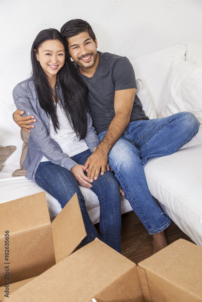 Asian Chinese Couple Unpacking Boxes Moving House Asian Chinese Couple Unpacking Boxes Moving House