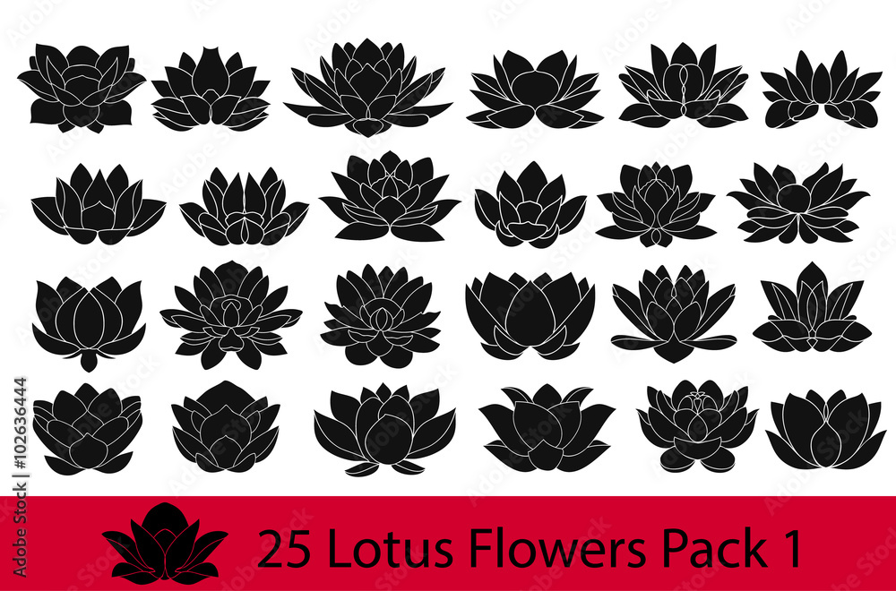 Naklejka Lotus flowers black and white silhouette, modern flat icons. Set