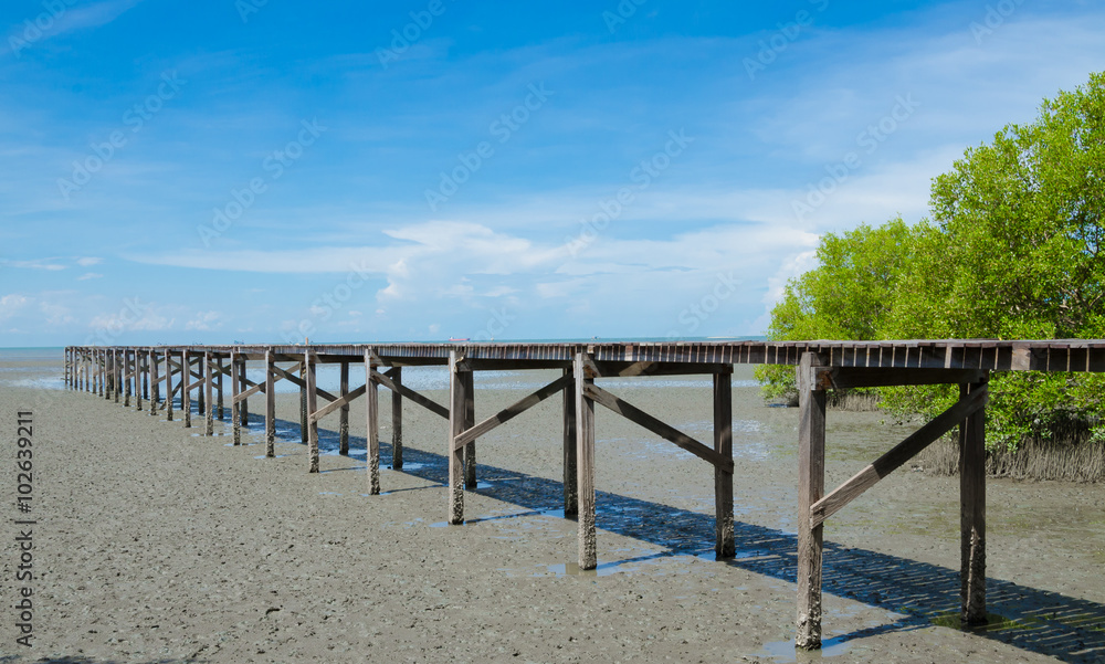 Wooden bridge into sea with blue sky background.