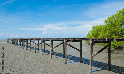 Wooden bridge into sea with blue sky background.