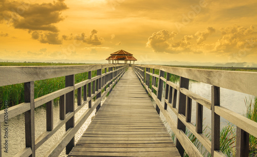 Wooden bridge in synset time at Sam Roi Yot National Park Thailand