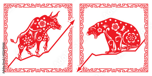Bear Vs Bull in Chinese paper cut style