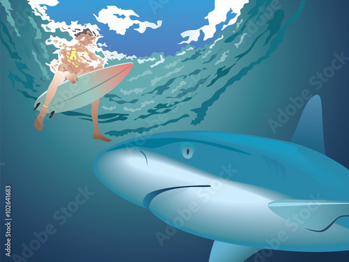 Great shark waiting the surfer from undersea view illustration