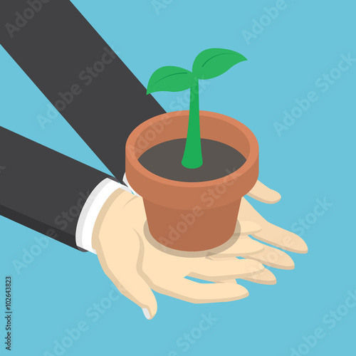 Isometric businessman holding sprout or little plant in his hand