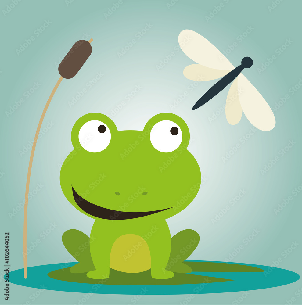 Fototapeta premium Frosch auf Seerosenblatt mit Libelle Vektor