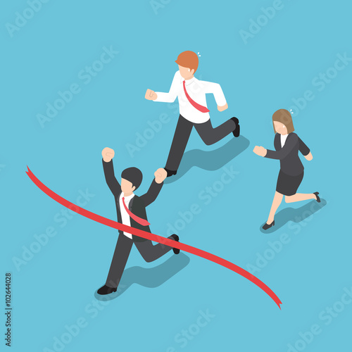 Isometric design businessman winning competition and crossing th