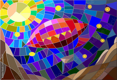 The airship against the starry night sky in the stained glass style