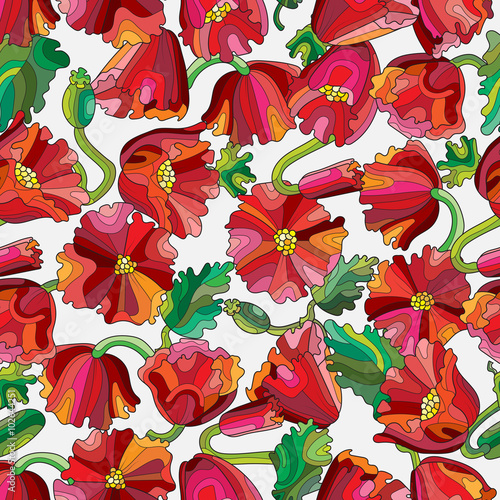 Fototapeta Naklejka Na Ścianę i Meble -  Seamless background with blooming poppies and buds and leaves on a light background