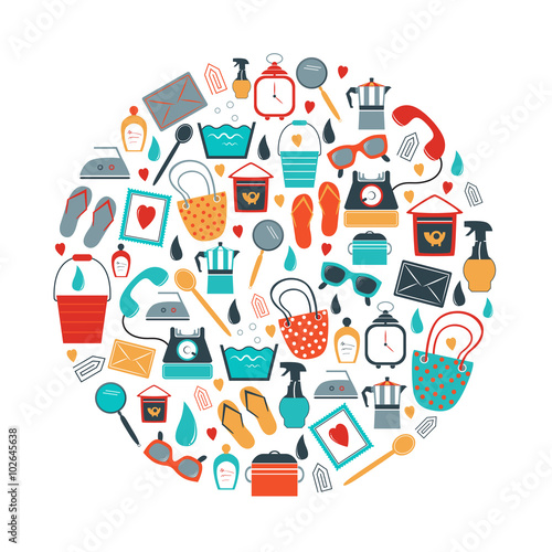 Circle set of woman house stuff, needs flat icon shapes. Trend pictogram set.  Vector.