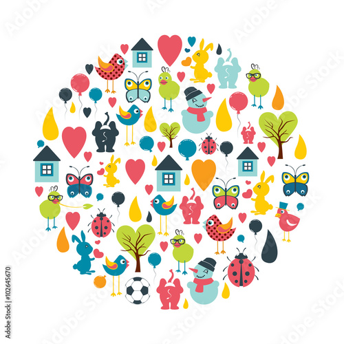 Circle set of child, kid toys flat icon shapes. Trend pictogram set.  Vector.
