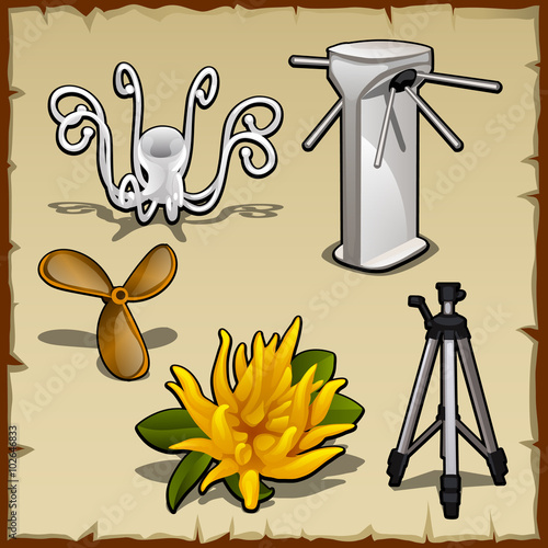 Set of hangers, tourniquet, flower and tripod