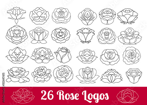 Hand drawn flower black silhouette and flat icon vector set, ros