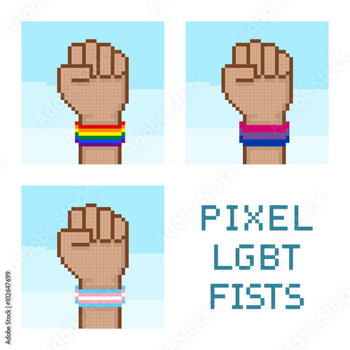 Pixelated fists with LGBT wristbands vector