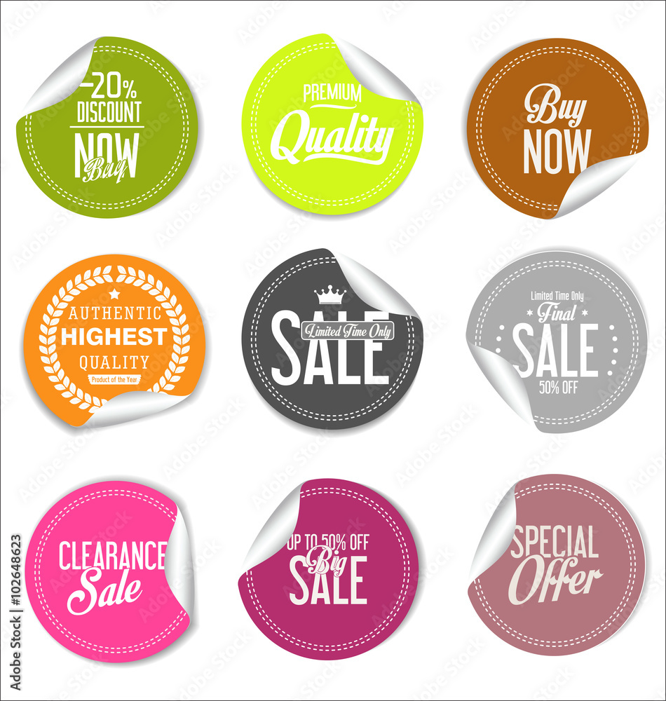 Round sale stickers on white background collection