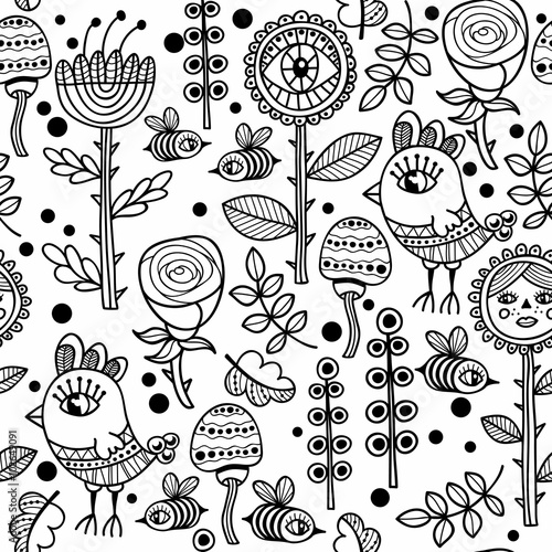 Seamless pattern with birds and flowers.