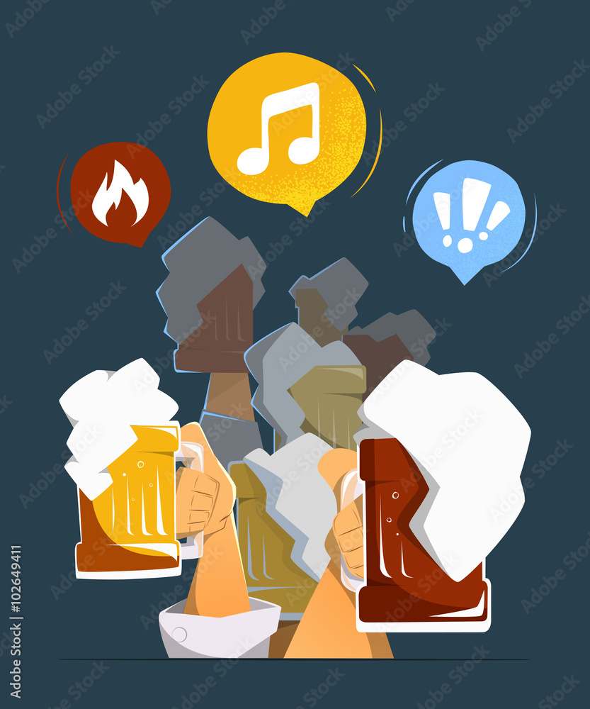 Hands up holding beer. Friends party in pub bar club Hands up holding beer. Friends party in pub bar club